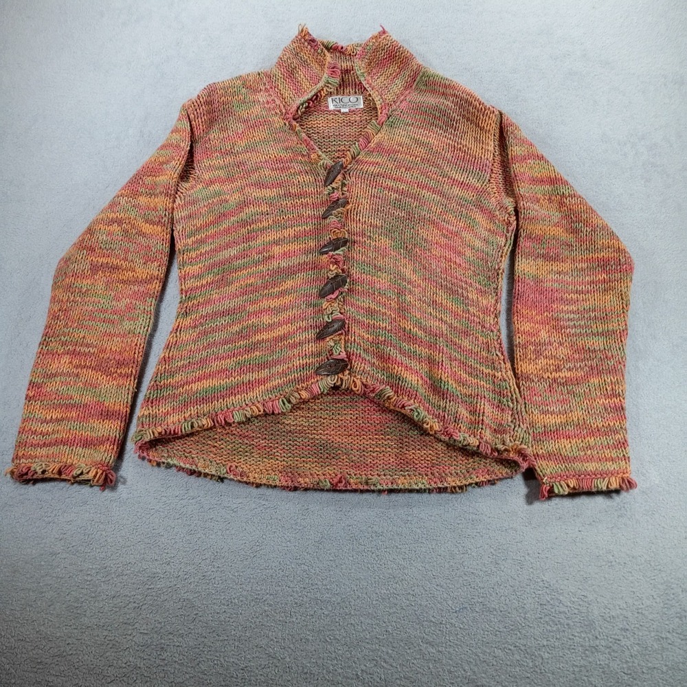 Rico Womens Cardigan Sweater Multi-Color S/M Toggle Button Fringe Cotton